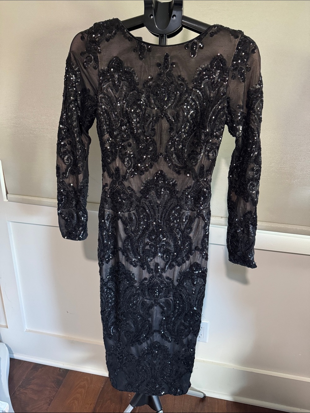 Dress the Population Black Beaded Long Sleeve Sheath Dress
